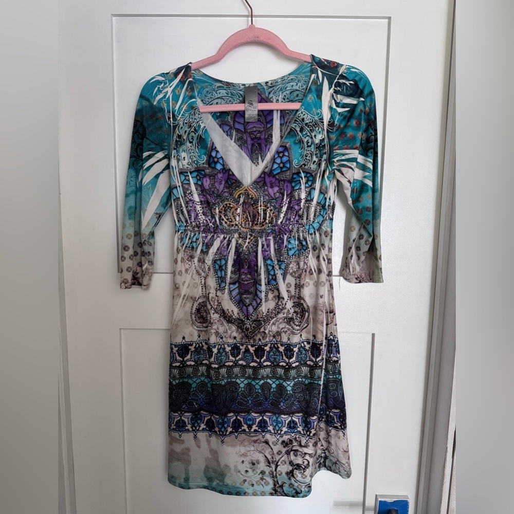 S-Twelve Green and Blue 3/4 Sleeve Dress